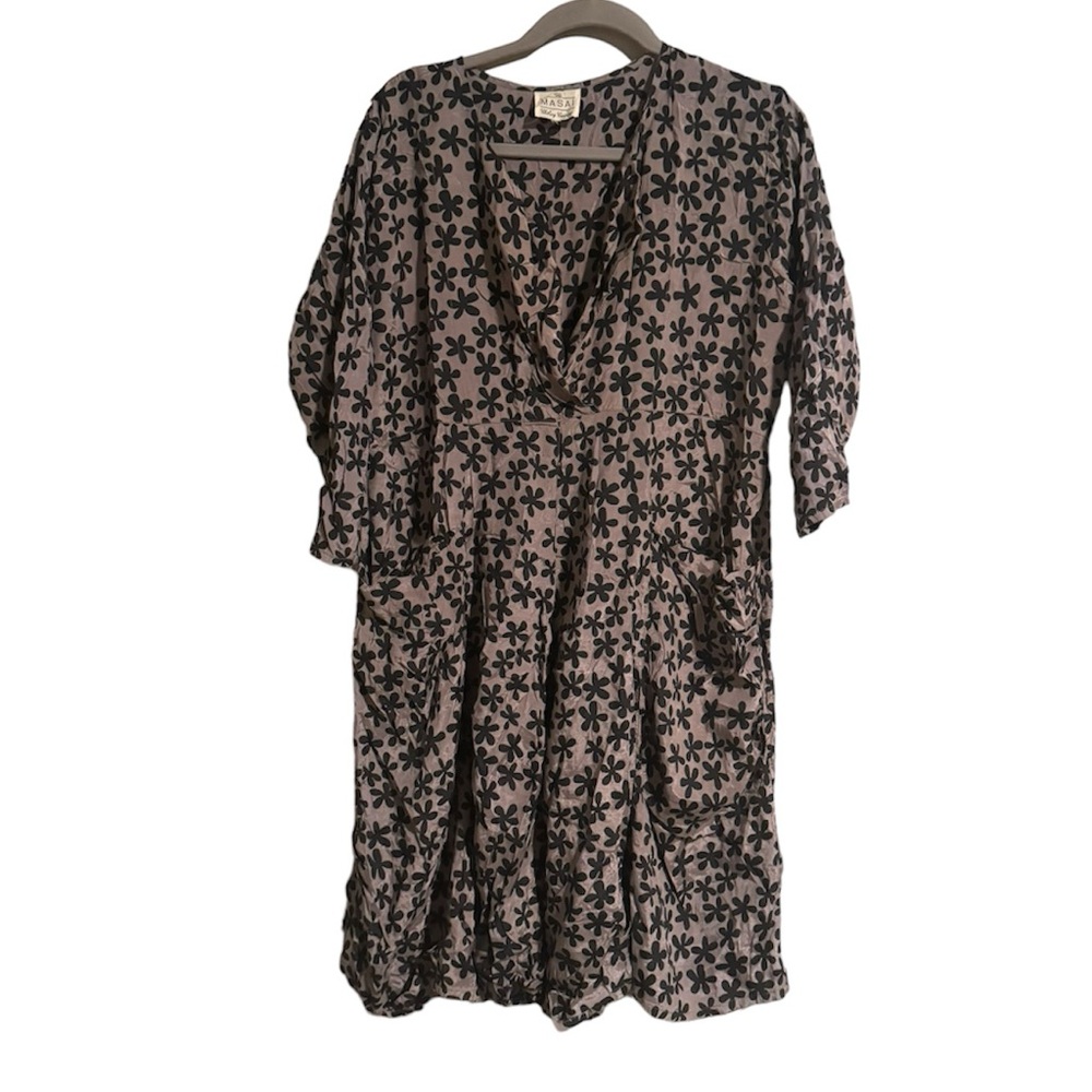 Masai Relaxed Floral A-Line Dress in Taupe and Black